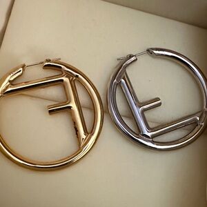Fendi Gold and Silver Logo Hoop Earrings